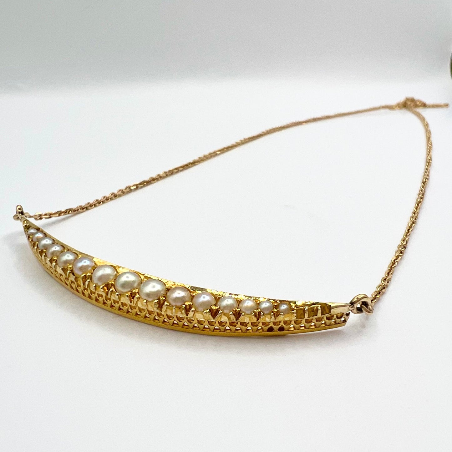 Victorian 9ct Gold and Split Pearl Open Crescent Moon Necklace