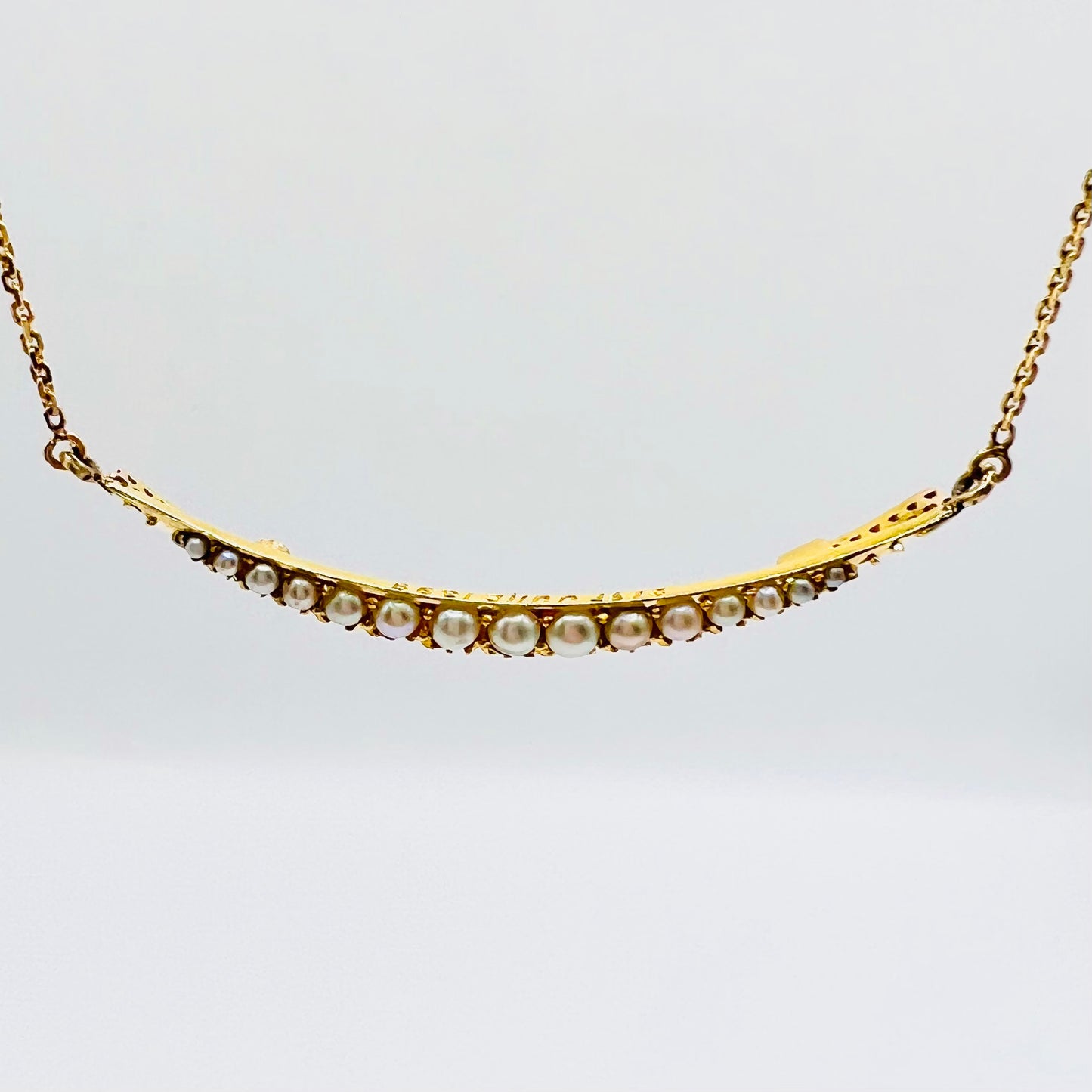 Victorian 9ct Gold and Split Pearl Open Crescent Moon Necklace