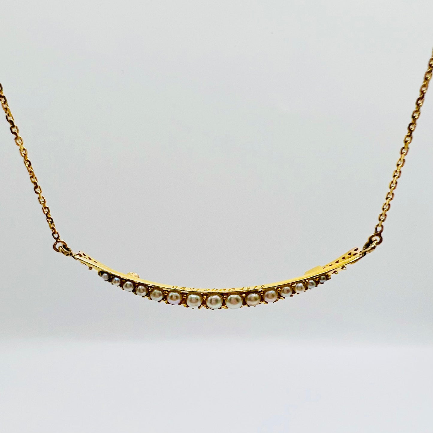 Victorian 9ct Gold and Split Pearl Open Crescent Moon Necklace