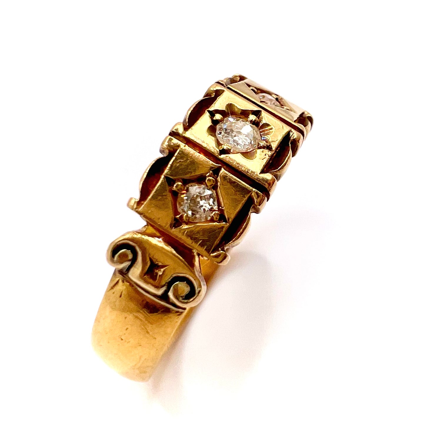 Victorian 22ct Gold Three Stone Old European Cut Diamond Ring, Size T 1/2