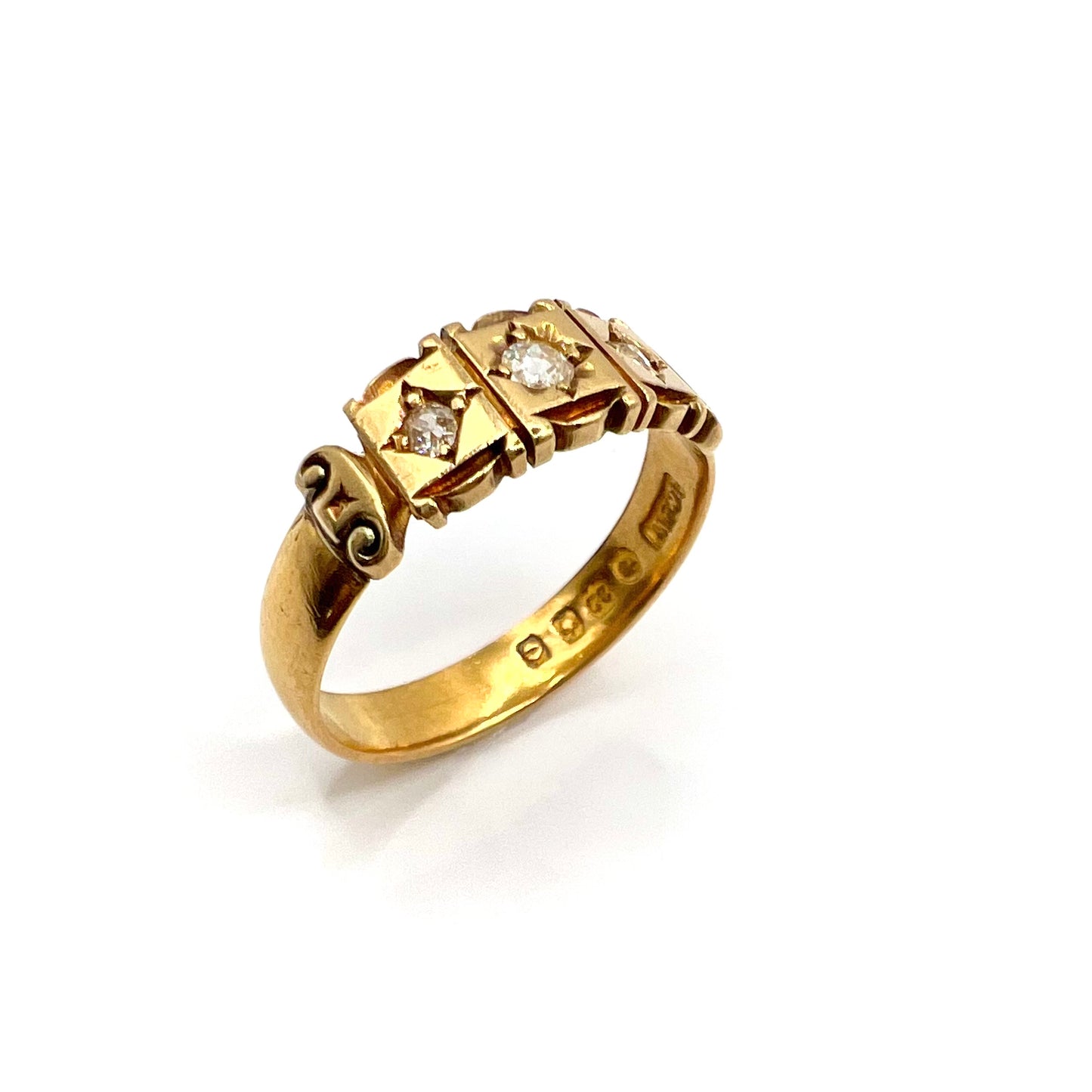 Victorian 22ct Gold Three Stone Old European Cut Diamond Ring, Size T 1/2