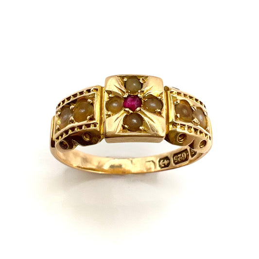 Victorian 15ct Gold Ruby and Split Pearl Band Ring, Size M 1/2