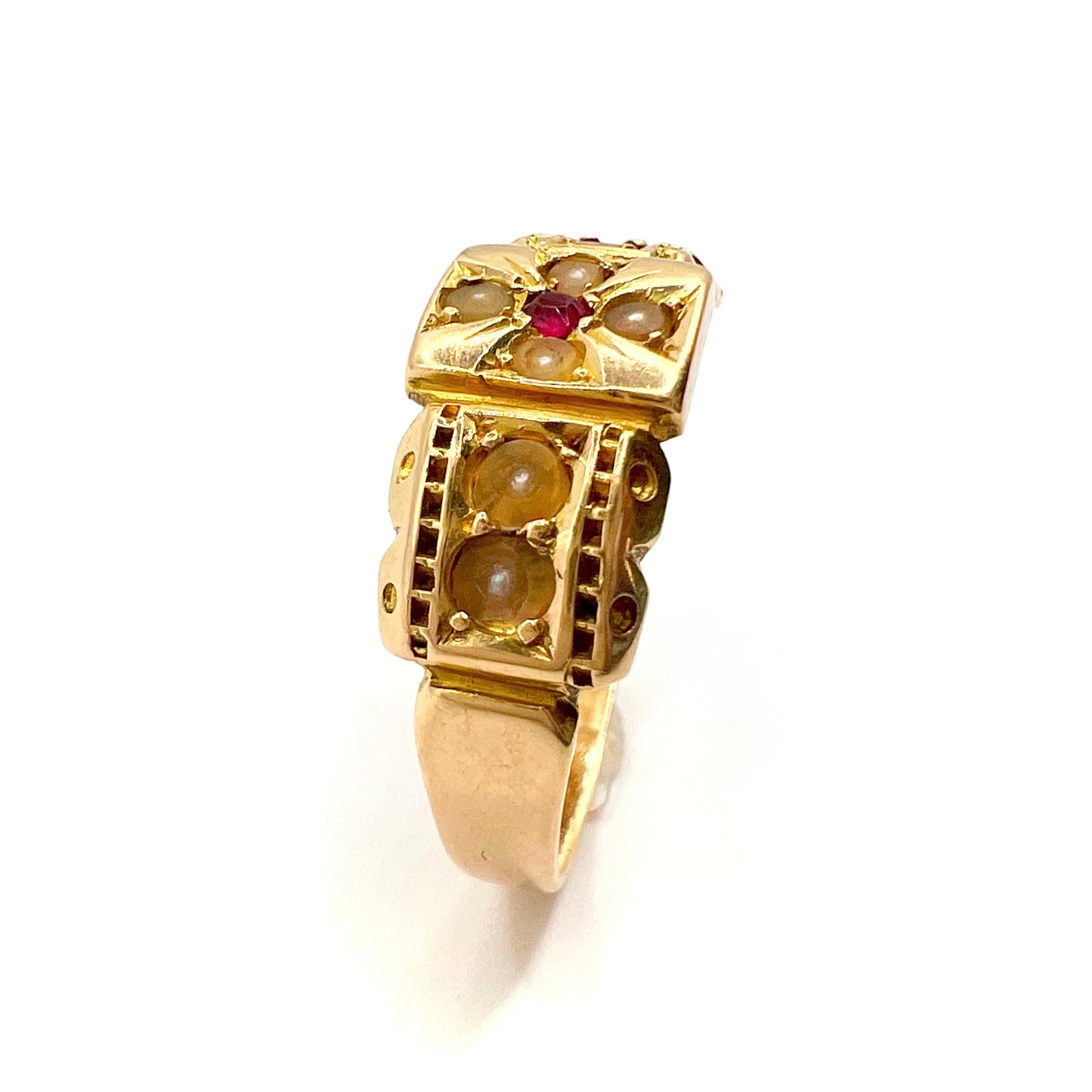 Victorian 15ct Gold Ruby and Split Pearl Band Ring, Size M 1/2