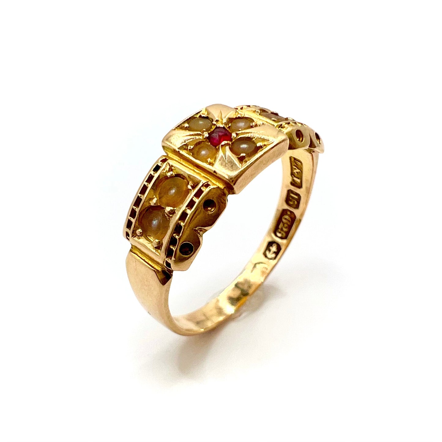 Victorian 15ct Gold Ruby and Split Pearl Band Ring, Size M 1/2