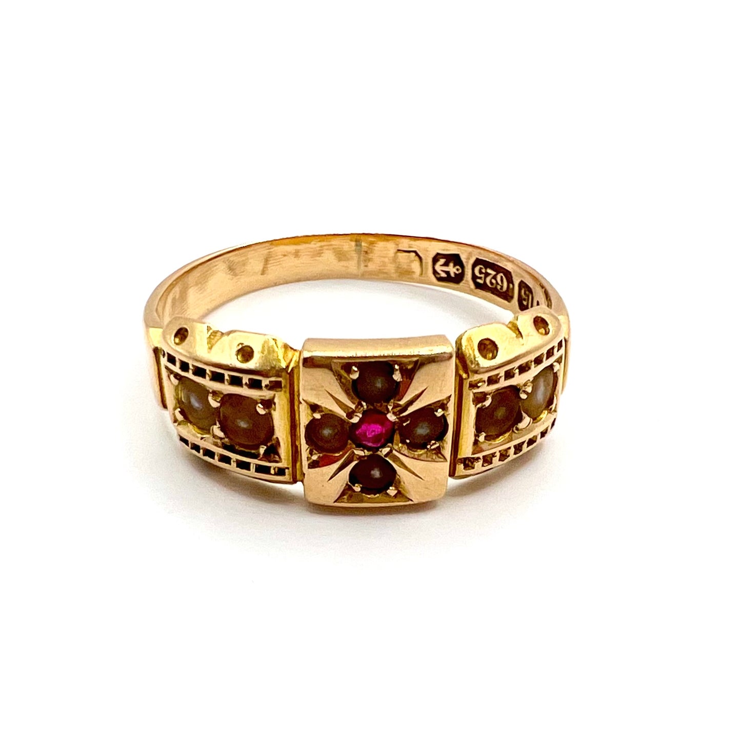 Victorian 15ct Gold Ruby and Split Pearl Band Ring, Size M 1/2