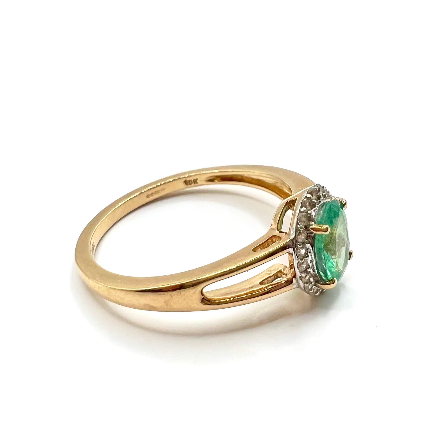 Vintage 10ct Gold Oval Emerald and Diamond Dress Ring, Size O