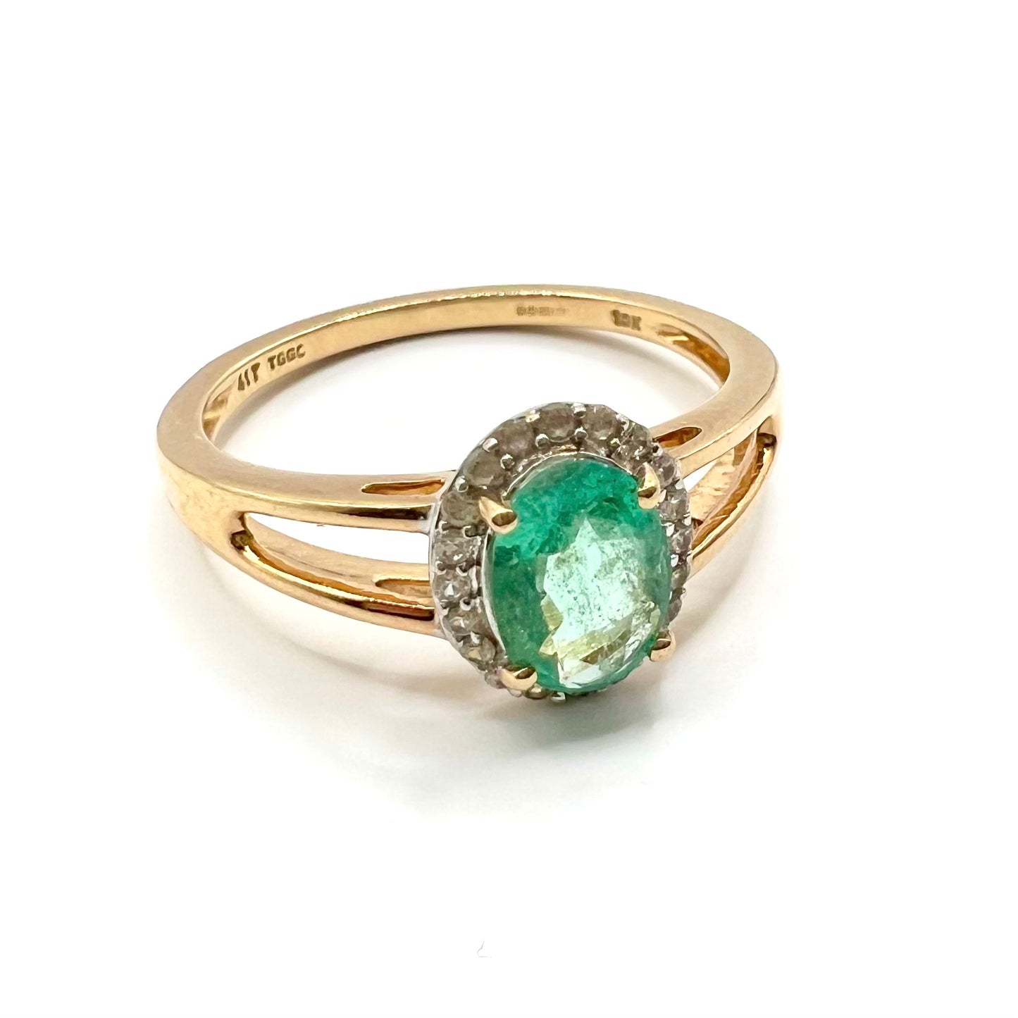 Vintage 10ct Gold Oval Emerald and Diamond Dress Ring, Size O