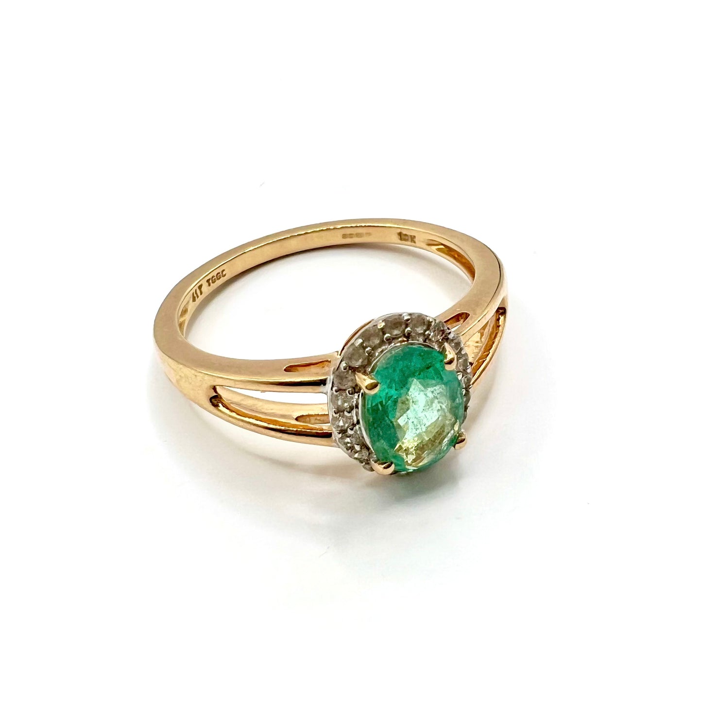 Vintage 10ct Gold Oval Emerald and Diamond Dress Ring, Size O