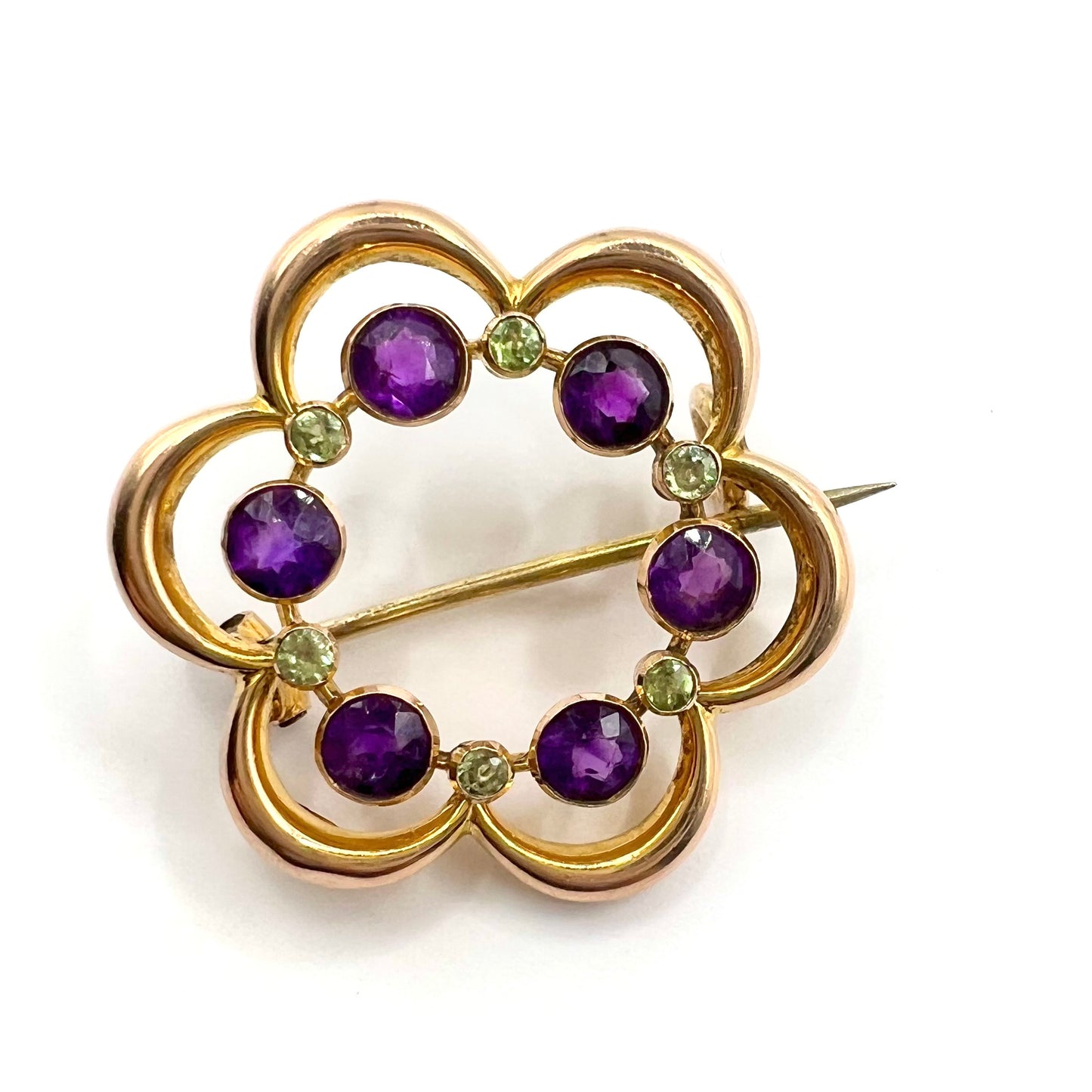 Art Nouveau Murrle Bennet 9ct Suffragette brooch / pendant with amethyst and peridot