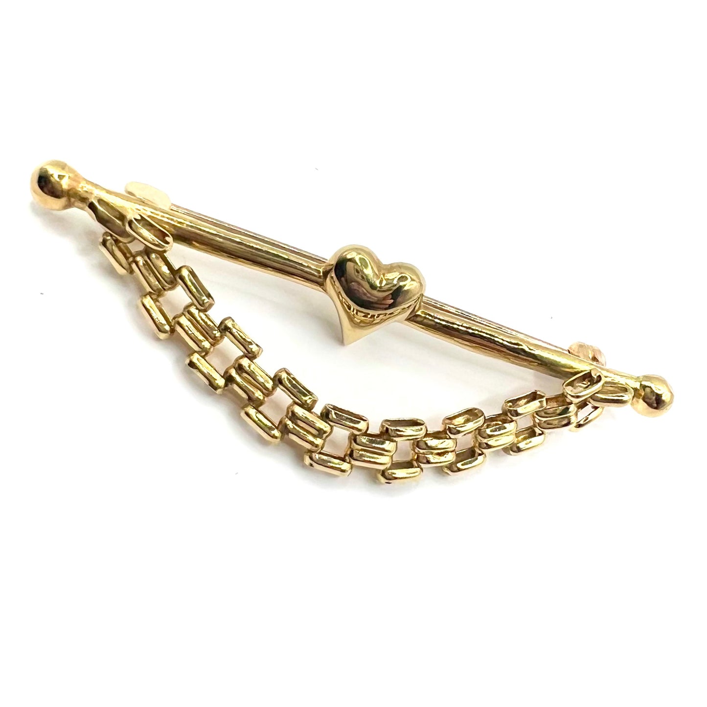 Vintage 9ct Gold T-bar Pin with Central Heart and Chain