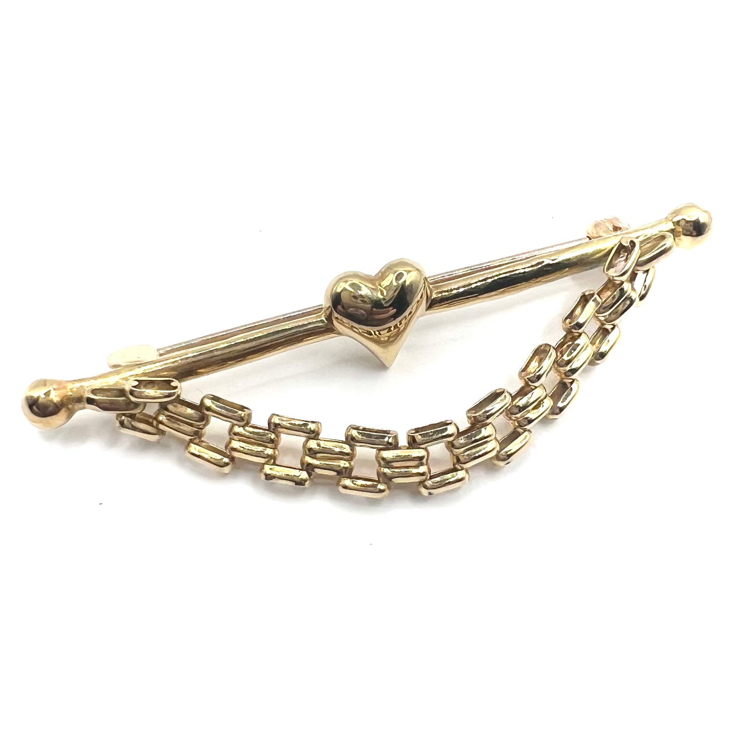 Vintage 9ct Gold T-bar Pin with Central Heart and Chain