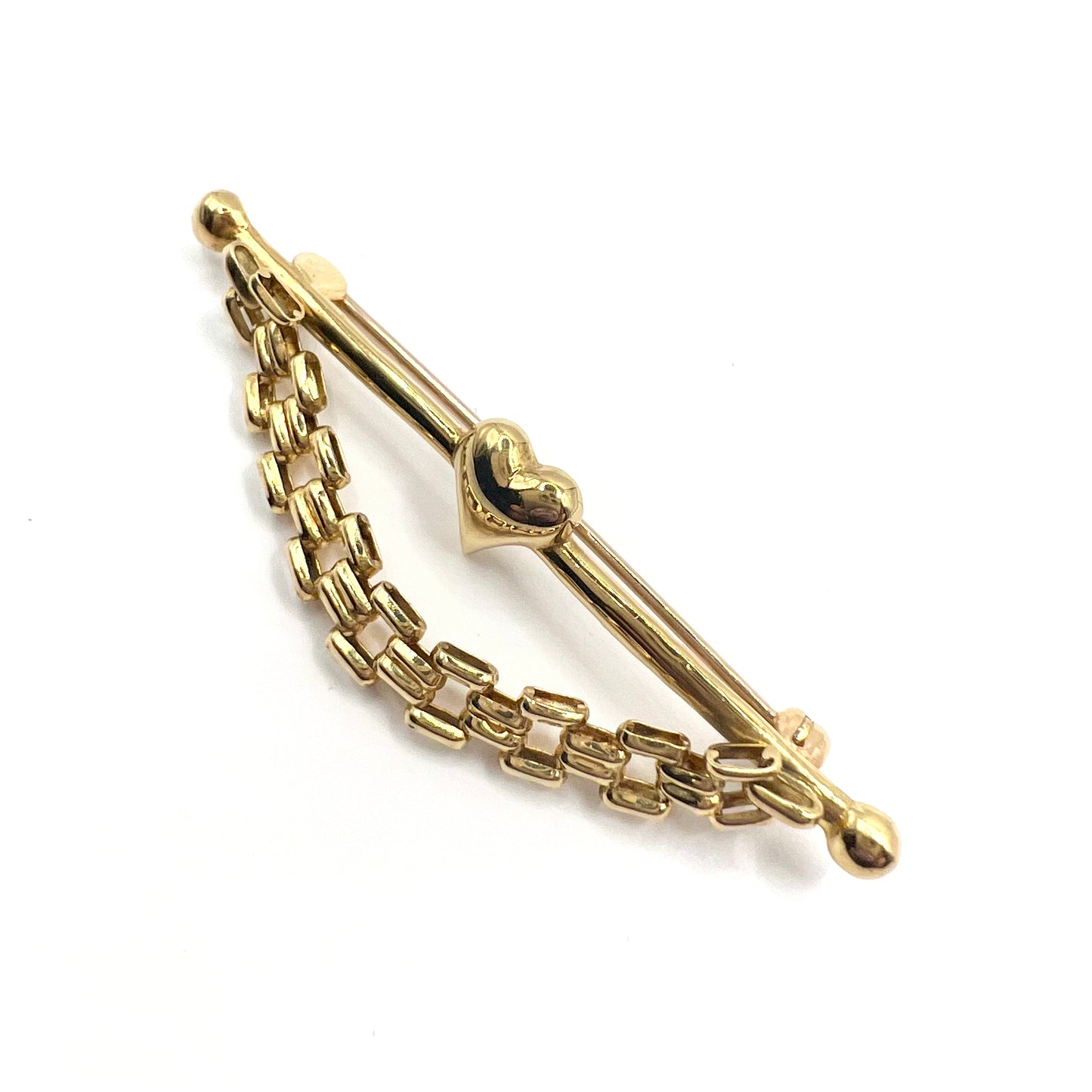 Vintage 9ct Gold T-bar Pin with Central Heart and Chain