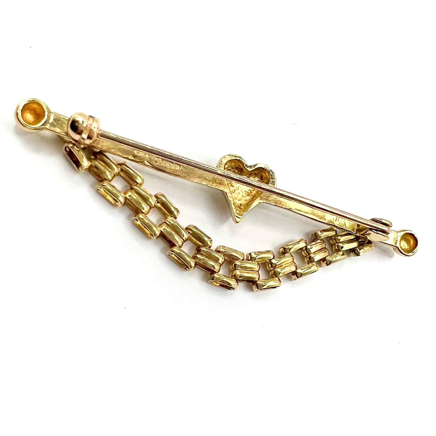 Vintage 9ct Gold T-bar Pin with Central Heart and Chain