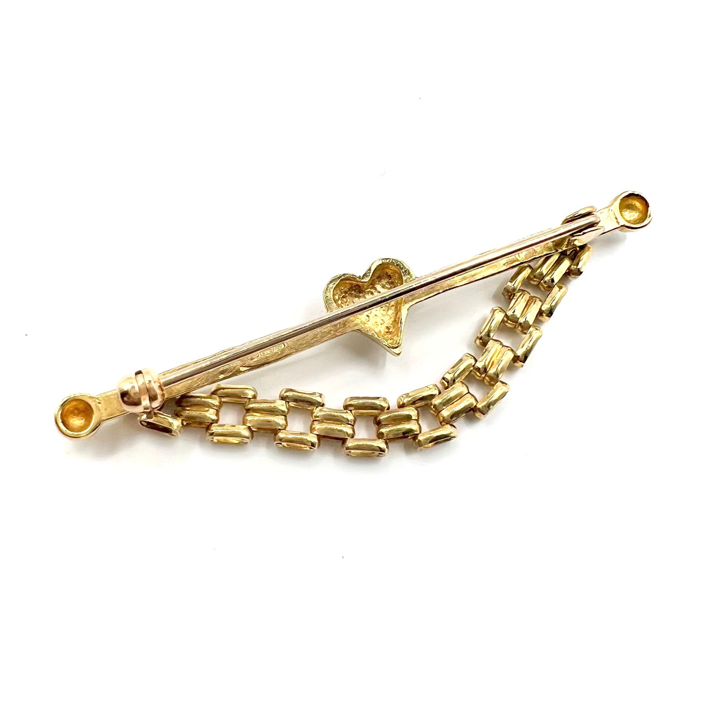 Vintage 9ct Gold T-bar Pin with Central Heart and Chain